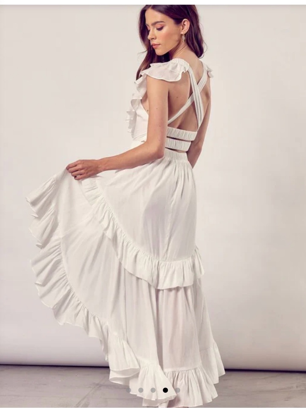 FASHION WHITE V-NECK HIGH LOW RUFFLE CROSS OPEN BACK SLEEVELESS MAXI DRESS - Picture 8 of 10